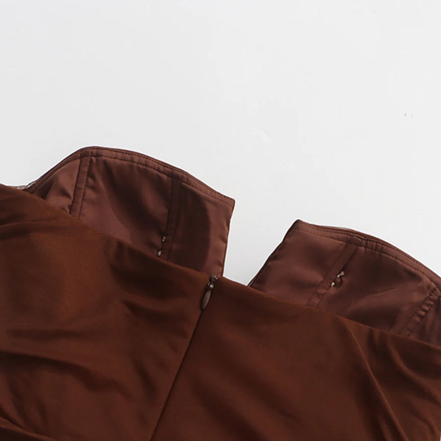 TWOTWINSTYLE Solid Slimming Sheer Dresses for Women Diagonal Collar Sleeveless Patchwork Folds Irregular Dress Female Clothing