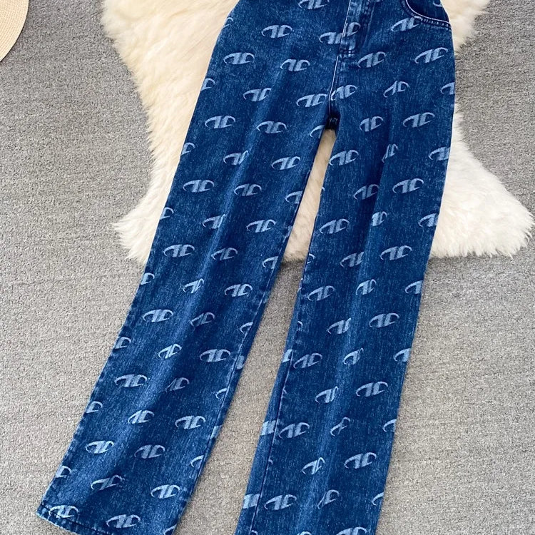 Fashion Set Women's Retro American Style Bra Denim Tank Top Two Piece Casual High Waist Slim Straight Trouser Set