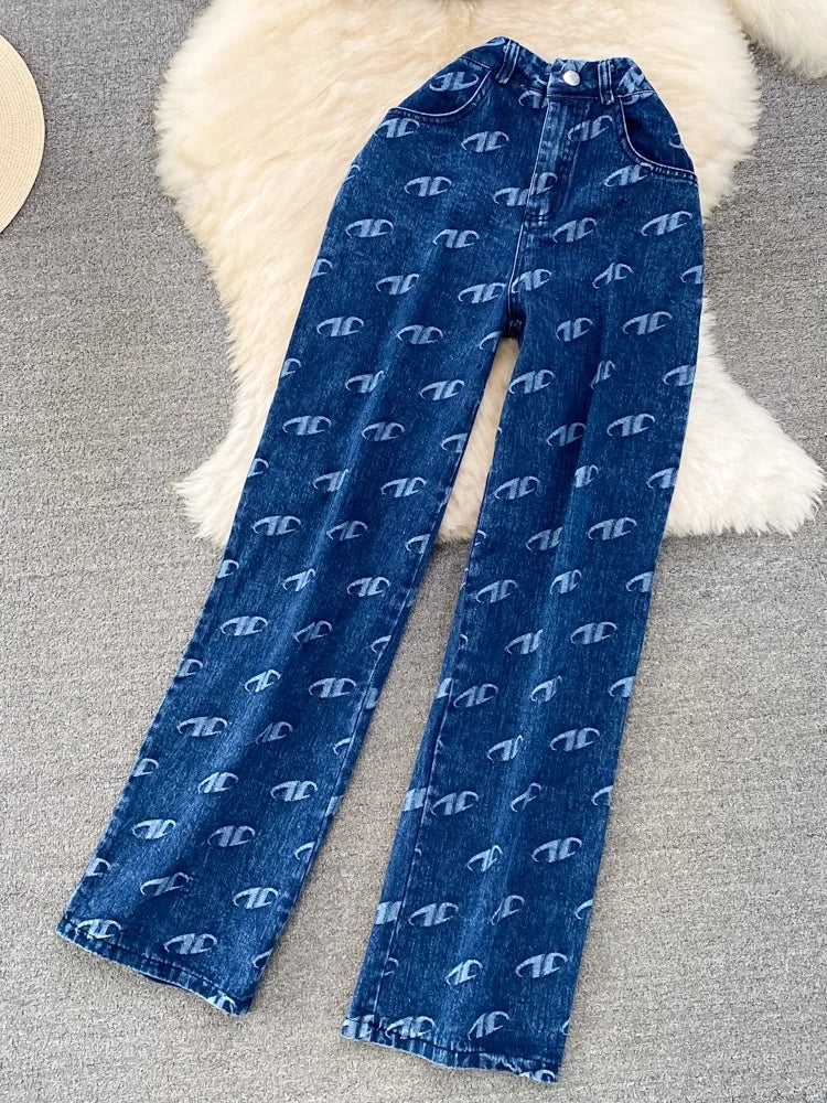 Fashion Set Women's Retro American Style Bra Denim Tank Top Two Piece Casual High Waist Slim Straight Trouser Set