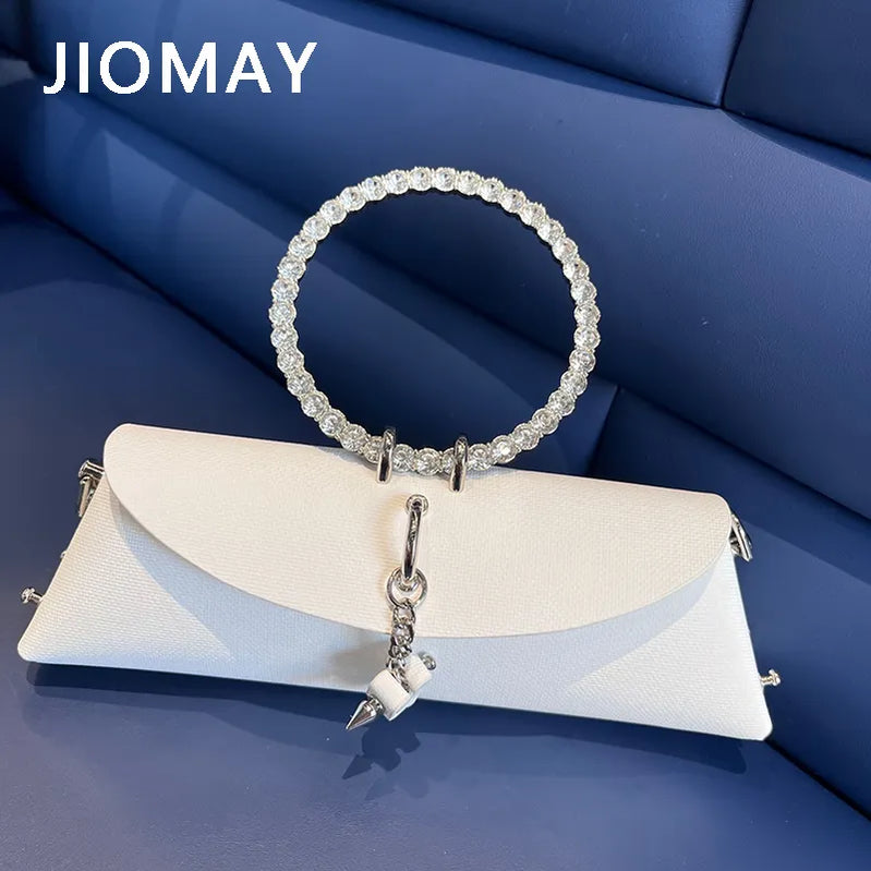 Clutch Bag Luxury Designer Handbag for Women with Chain Metal Ring Handle PU Leather Rhinestones Purses Shoulder Bag white