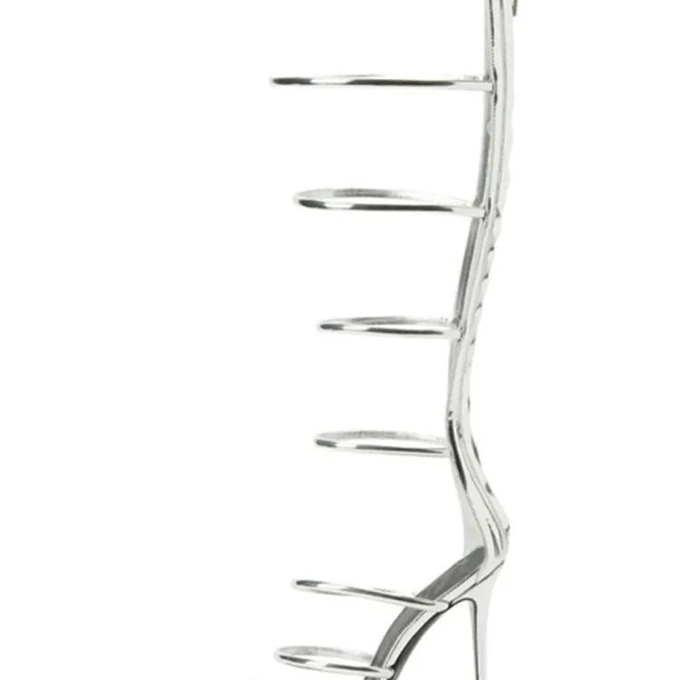 Women's New Open Toe Lacquer Leather Slim High Heel Sandals Fashion Belt Buckle Back Zipper Show Fashion Cool Boots Silver