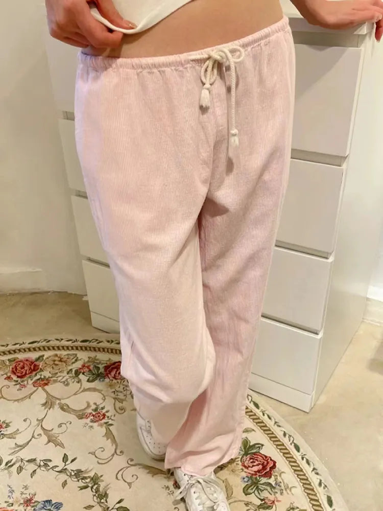 Retro Pink Striped Drawstring Sport Pants Women Autumn High Waist Linen Casual Wide Leg Pants Y2k Streetwear Loose Trousers Chic