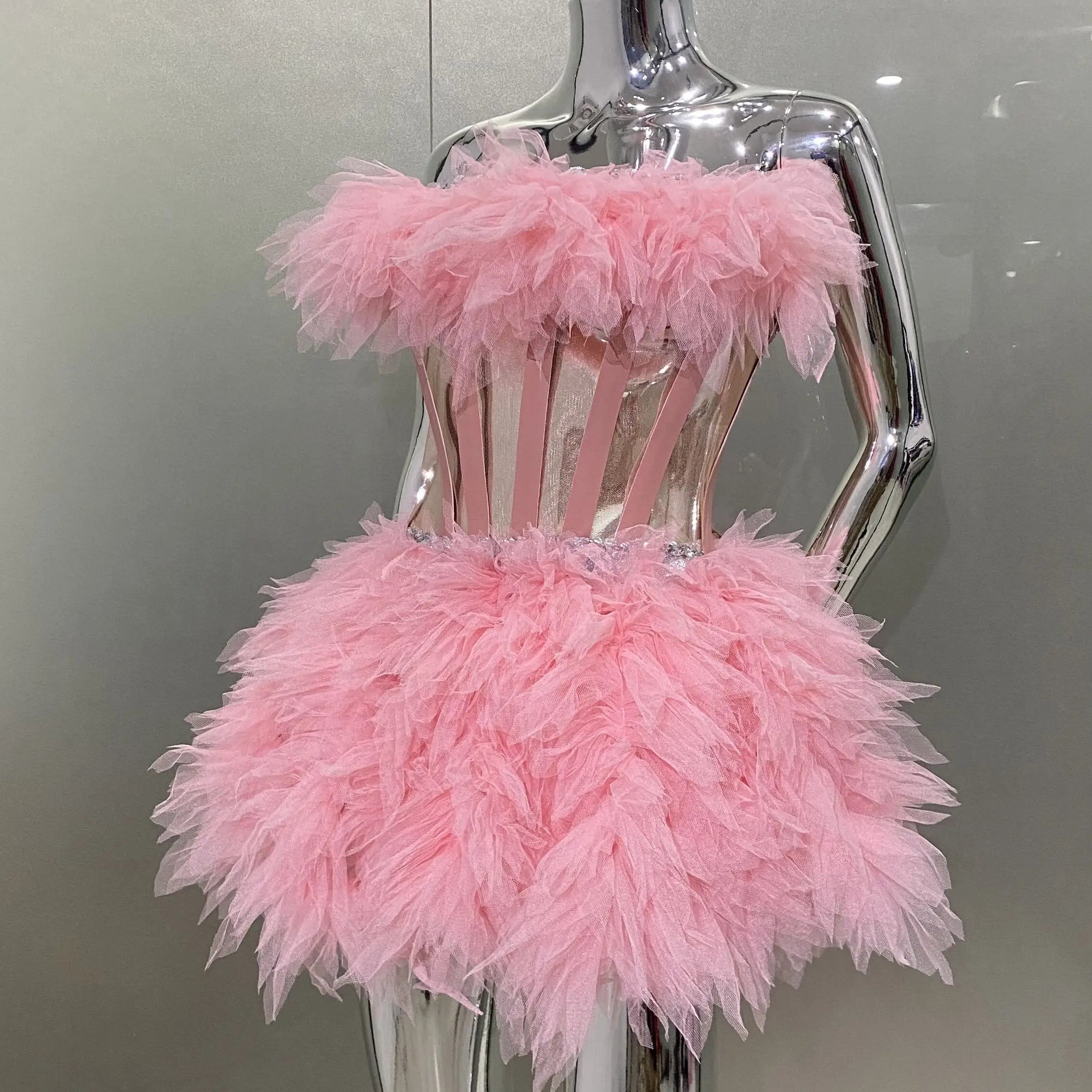 Pink Sweet Woman Set Sparkling Crystal Strapless Top And Mini Puffy Skirt 2 Pieces Birthday Party Vestido Performance Costume