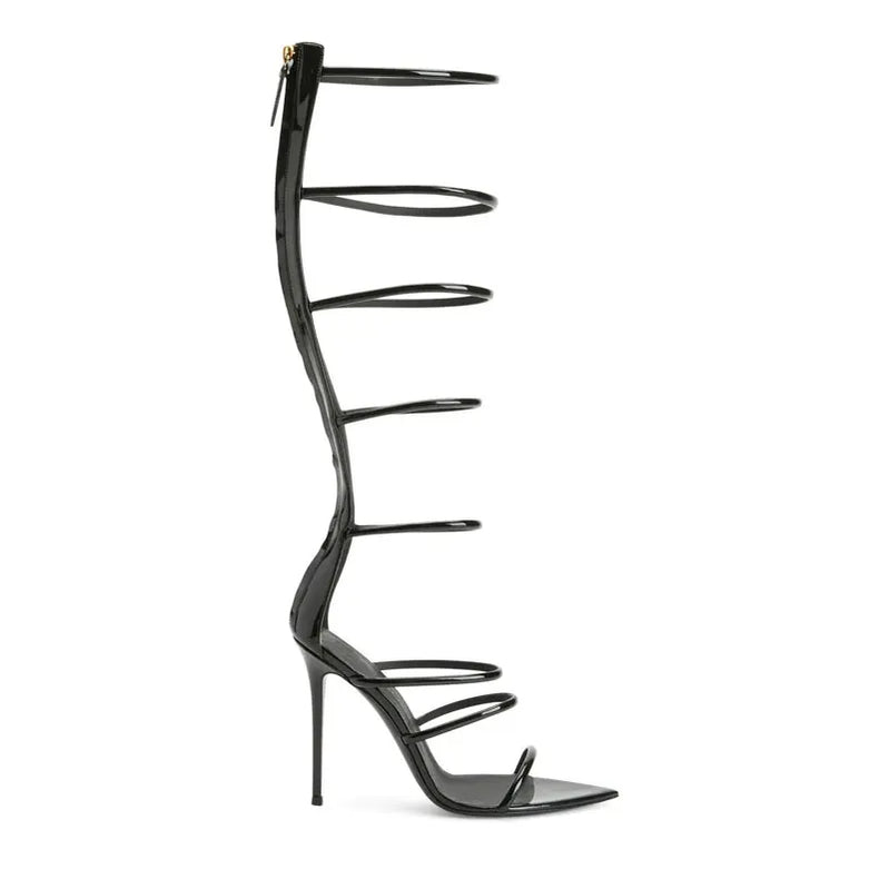 Women's New Open Toe Lacquer Leather Slim High Heel Sandals Fashion Belt Buckle Back Zipper Show Fashion Cool Boots