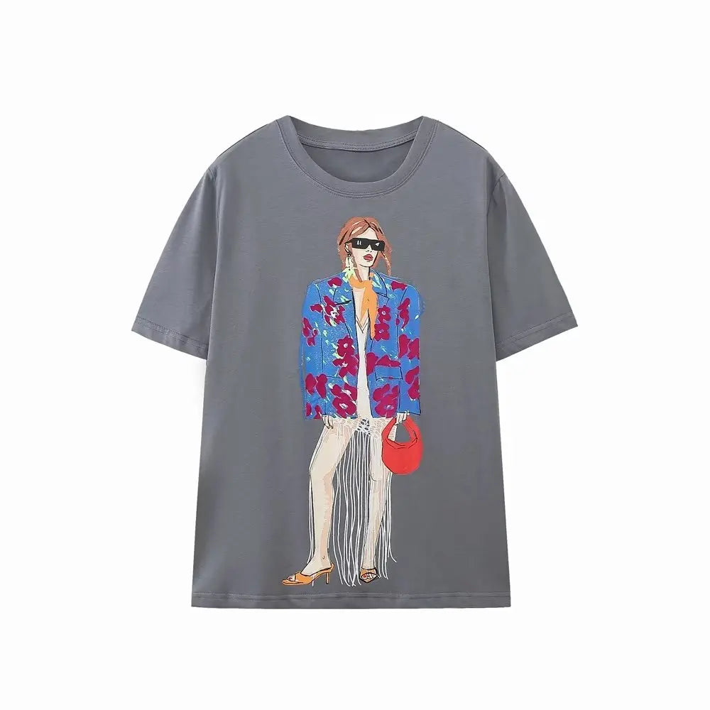 Women Fashion Contrast Color Girls Print Casual T Shirt Female Basic O Neck Short Sleeve Chic Leisure Tops T3069 FH T3069 BAO