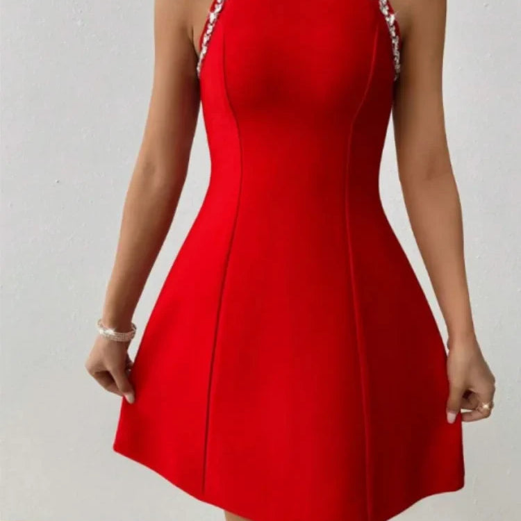 Red Black Women Sleeveless Sexy Shinning Crystal A-Line Mini Bandage Dress Celebrate Birthday Party Girls' Vacation Outfit