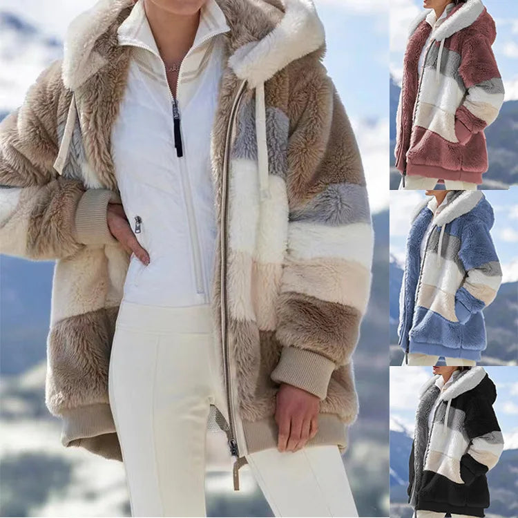 Autumn/Winter Warm Plush Panel Zip Pocket Hooded Loose Coat Women