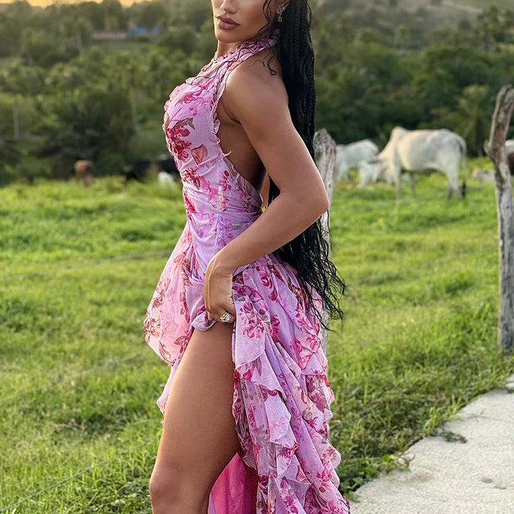 VC Elegant Pink Floral Halter-Style Ruffled Dress with Side Slit for High-Profile Outdoor Occasions Evening Gown
