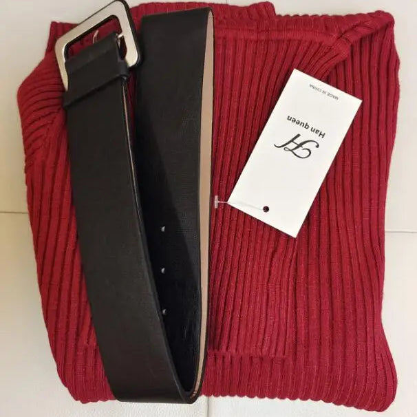 H Han Queen Knitted Turtleneck Sweater Bodycon Dress Bottoming Women Soft Elastic Autumn Winter Midi Party Dresses With Belt wine One Size