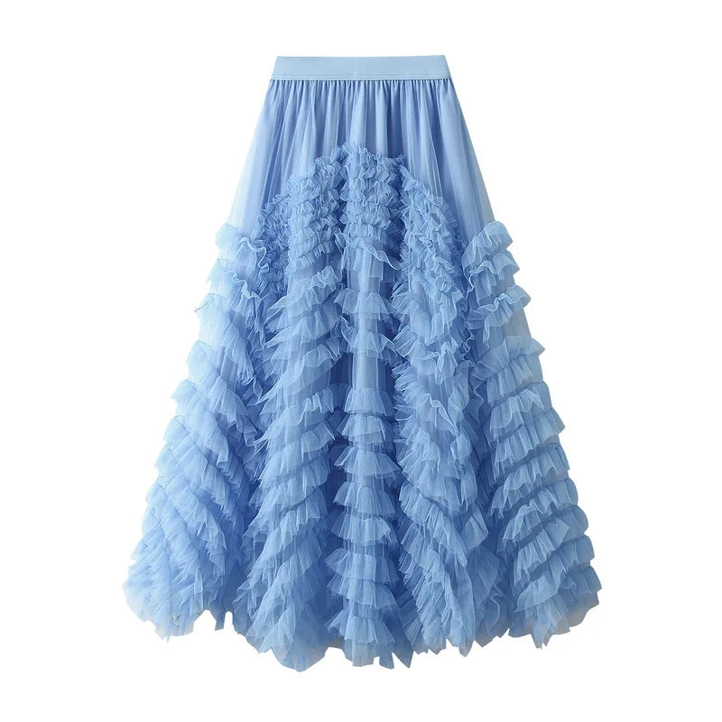 Luxury Fairy Fungas A-line Solid Maxi Long Tulle Skirts Pink Blue Blue One Size