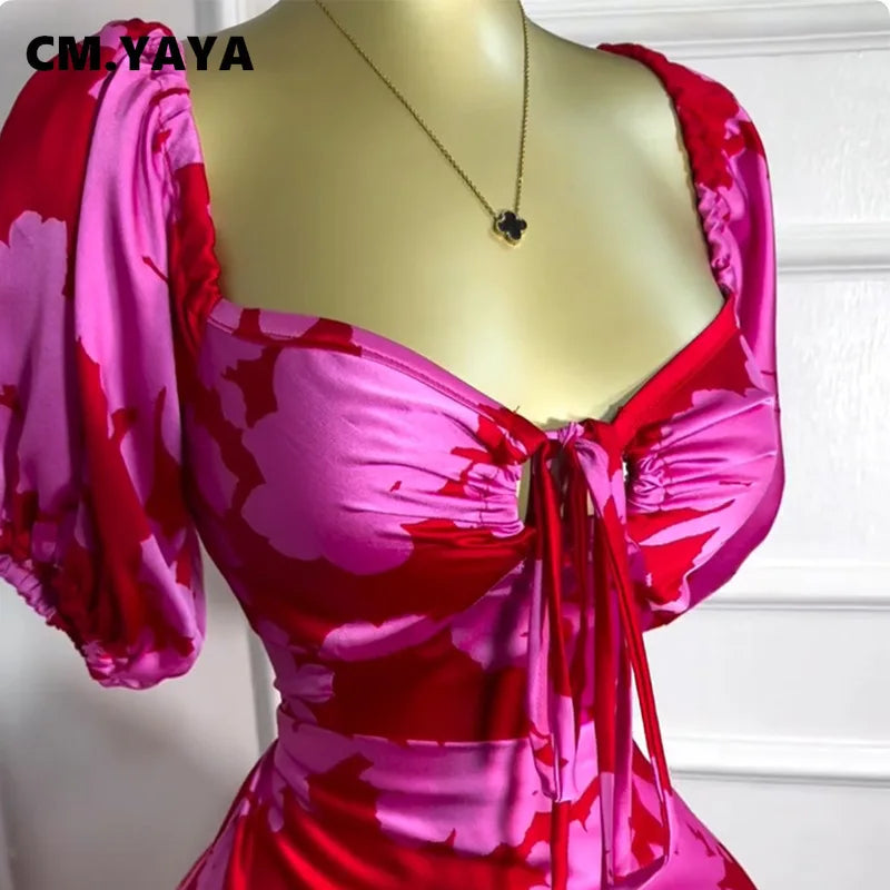 CM.YAYA Women Floral Printed Lantern Half Sleeve Tie Up Long Maxi Dress 2025 Birthday Evening Sexy club Party Dresses Vestidos
