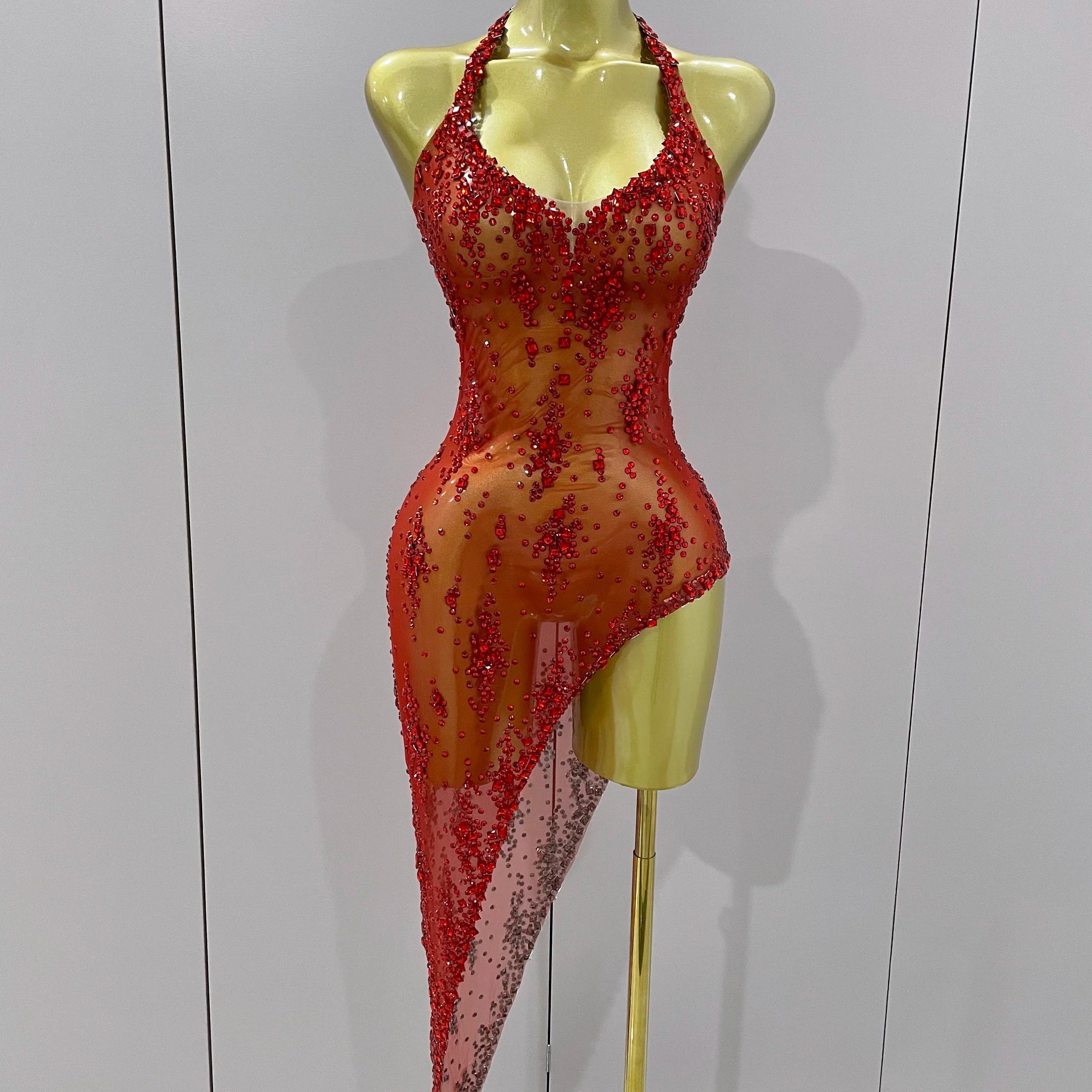 2025 New Sparkly Rhinestone V Neck Stretch Mesh Sexy See Through Dress Women Elegant Party Celebrate Perform Costume Stage Outfi
