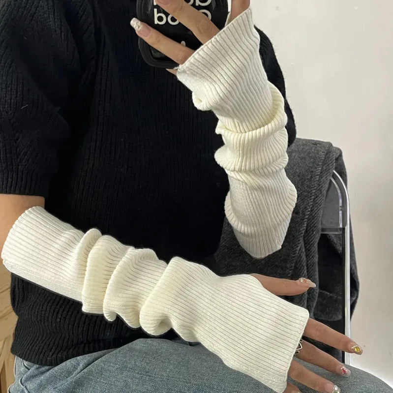 Elegant Half Finger Long Gloves For Women Trend Autumn Winter Thicken Arm Sleeves Knitted Warm Ladies Sleeves