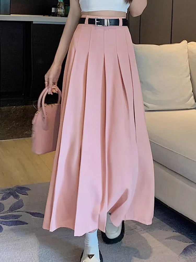 Women High Waist Jupe Korean Fashion Pleating Skirt Vintage Office Lady Spring Falda Holiday Loose Solid Maxi Skirts Pink