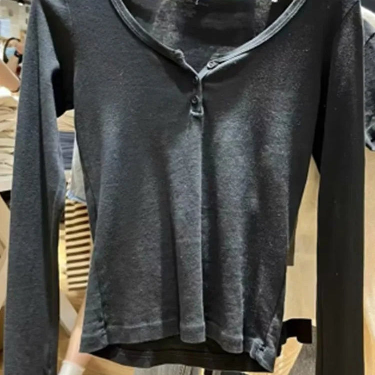 Casual Women Fashion Front Buttons Tees Fall Vintage O Neck Long Sleeves Solid Color T shirts Female Chic Tops