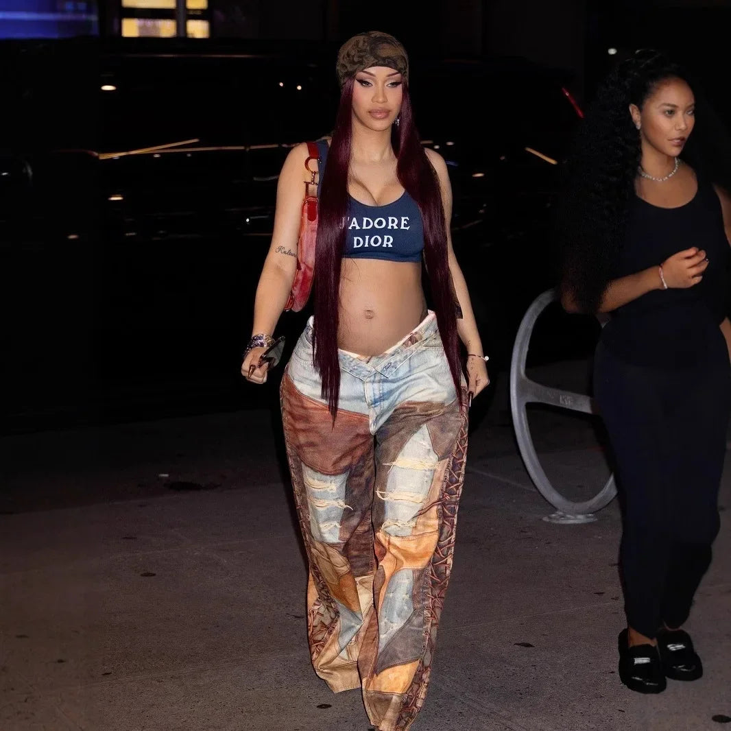 CM.YAYA Fashion Women Fake Denim 3D Print Loose Wide Leg Jogger Pants 2025 Streetwear Casual Active Hip Hop Sweatpants Trousers