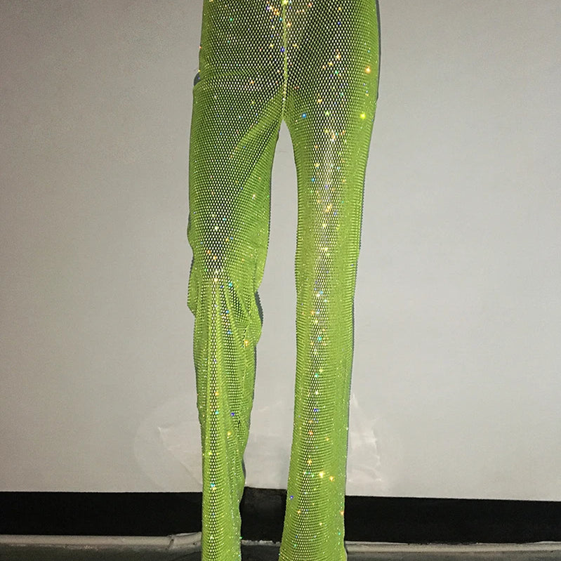 Fashion Sexy Glitter Crystal Diamonds Fishnet Women Pant See Through High Waist Pant Female Loose Hot Girl Party Clubwear Green One Size