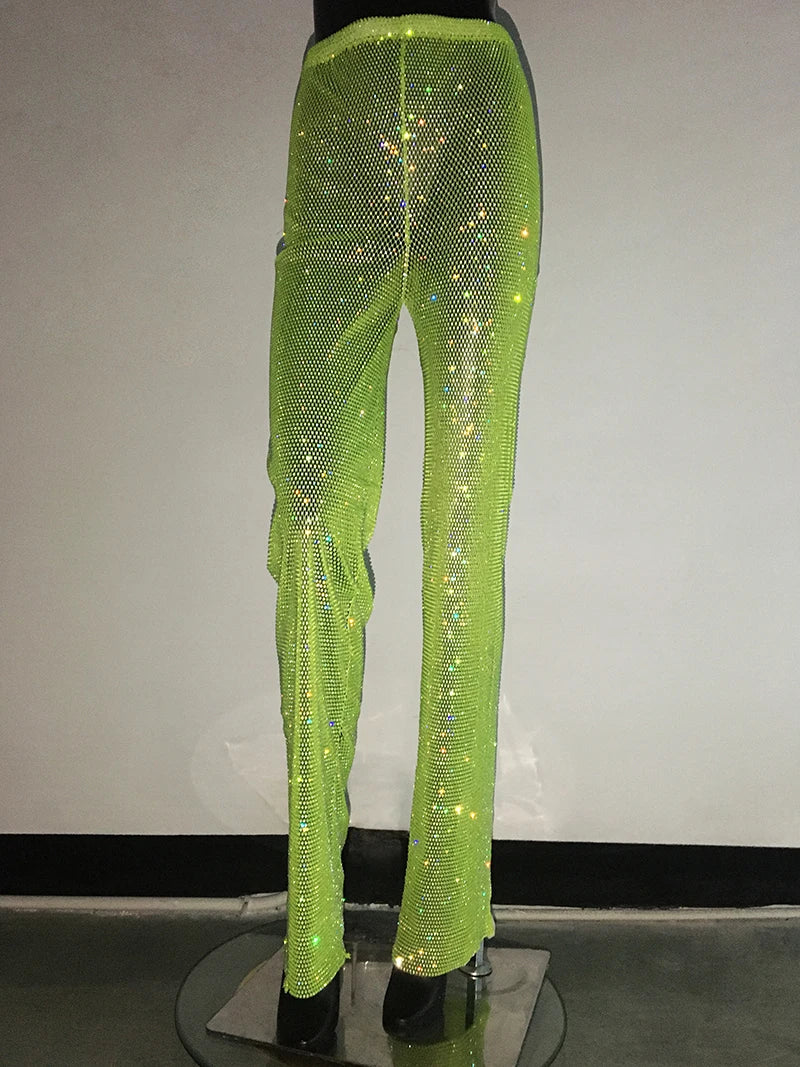 Fashion Sexy Glitter Crystal Diamonds Fishnet Women Pant See Through High Waist Pant Female Loose Hot Girl Party Clubwear Green One Size