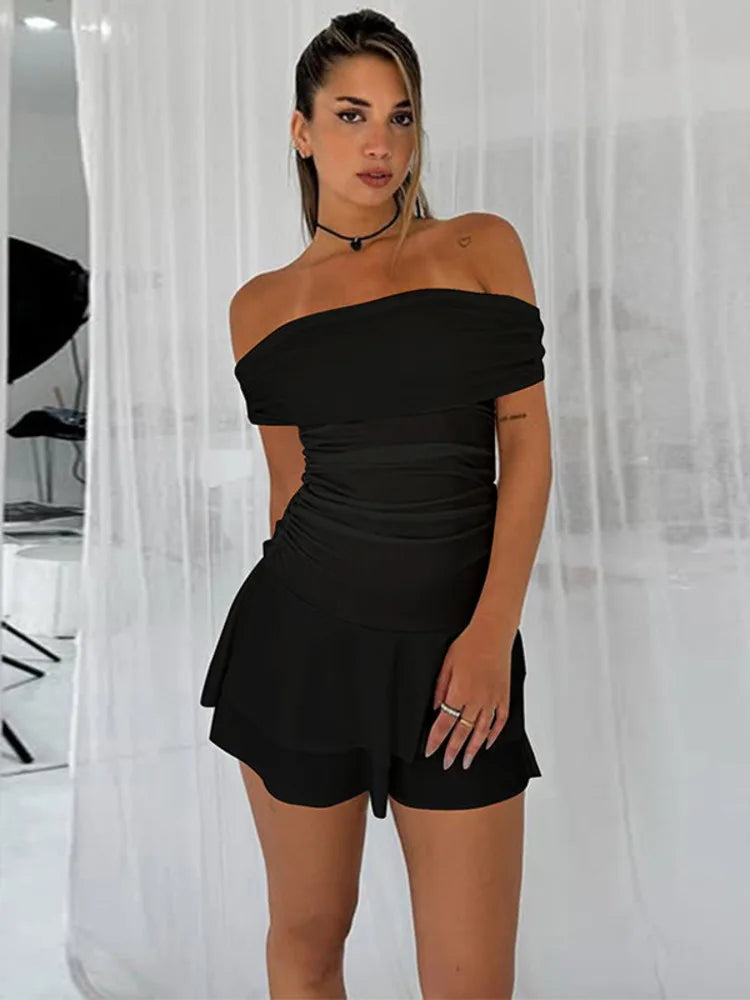 Off-shoulder Strapless Sexy Mini Dress For Women Robe Elegant Sleeveless Backless Ruched Skinny Club Party Dress