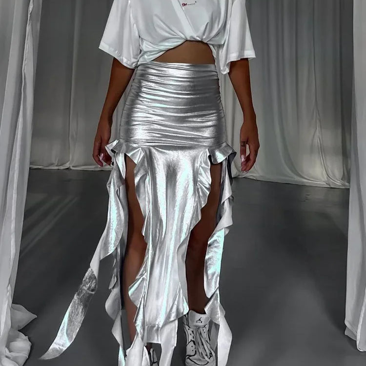 Tossy Tassel Summer Female Long Skirt Ruffled High Waist Broken High Split Fashion Pleated Sexy Solid Patchwork Maxi Skirt 2023 Silver