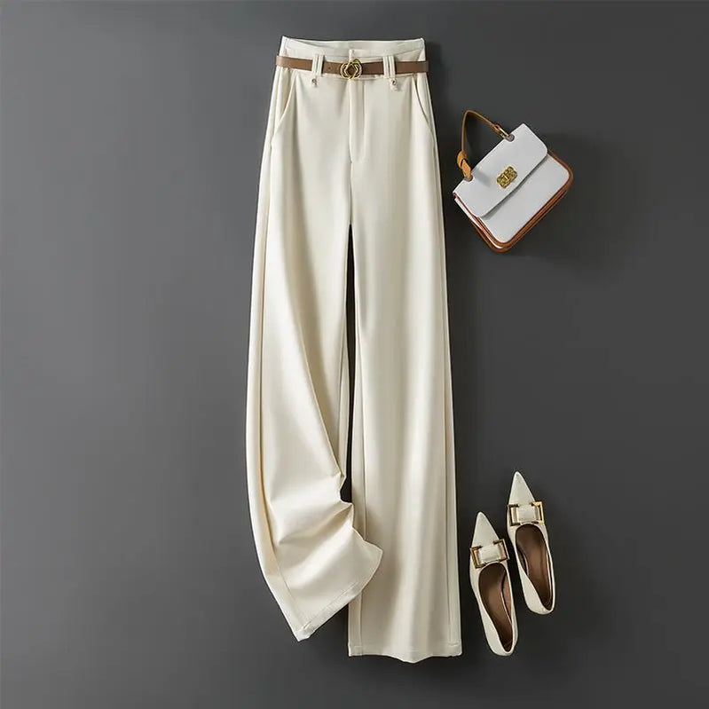 Women's Pants Work Dress Office Tailoring Fluid Female Trousers Wide Leg Straight New in Clothing G Aesthetic Trends Slacks Off White with Belt