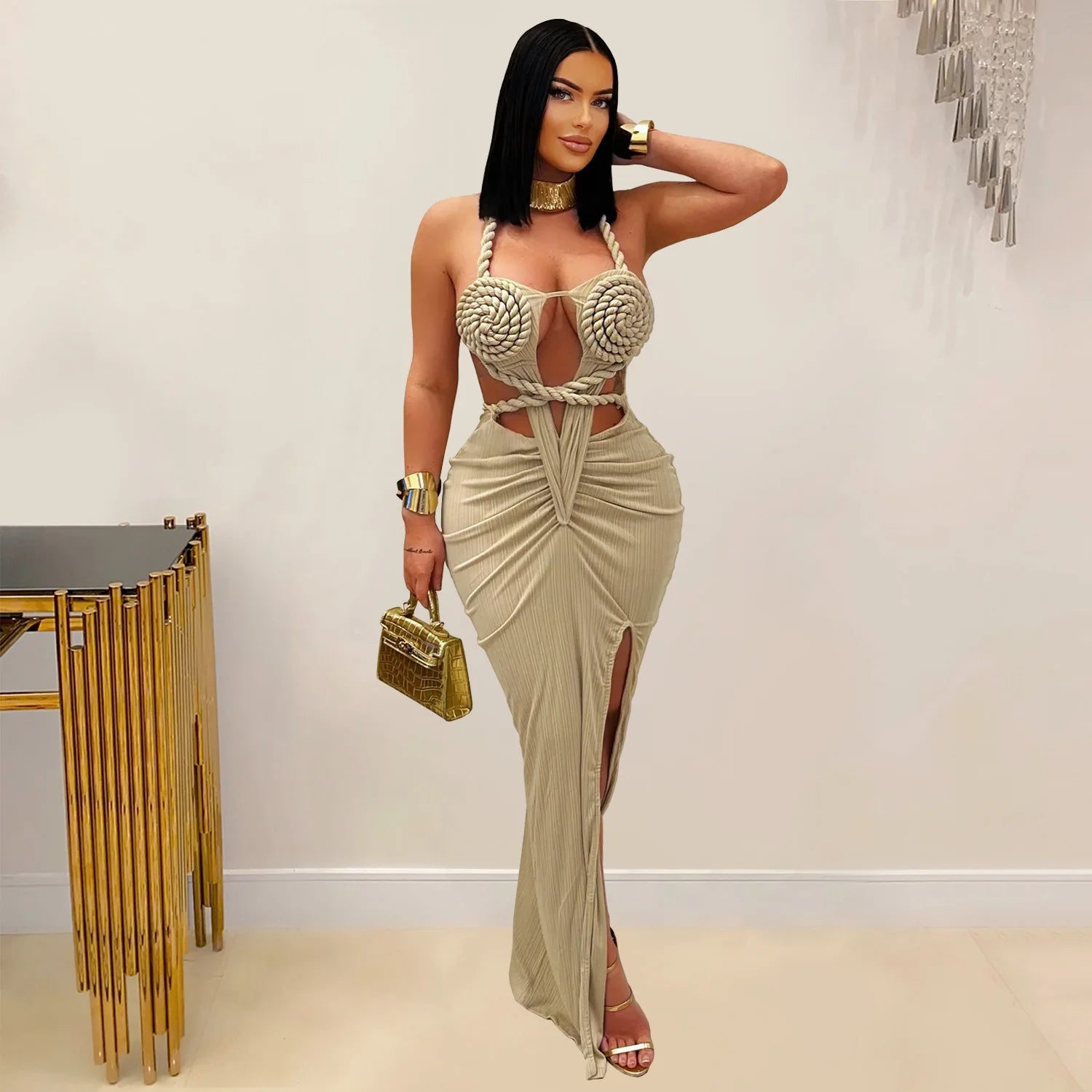 CM.YAYA Women Hemp Rope Halter Neck Stacked Ruched High Split Knit Bodycon Midi Maxi Long Dress 2025 Birthday Sexy Party Dresses