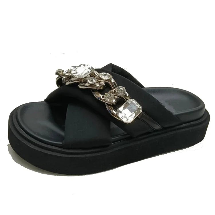 Women Crystal Slippers Chain Flats Platform Sandals Summer Ladies Casual Home Slides Women Beach Shoes Flip Flops Mujer