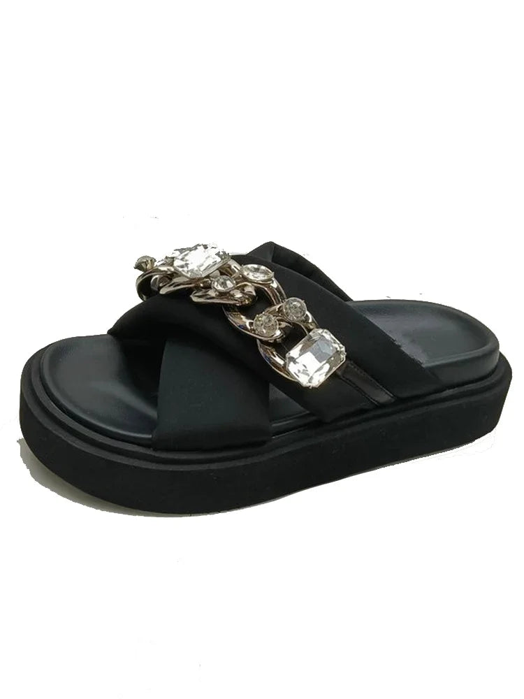 Women Crystal Slippers Chain Flats Platform Sandals Summer Ladies Casual Home Slides Women Beach Shoes Flip Flops Mujer