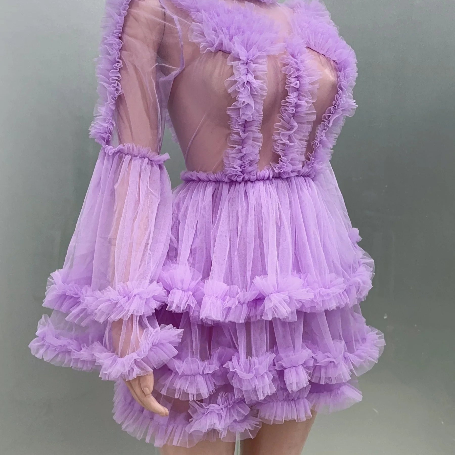 Purple Color Women Sexy  Puff Sleeve Mesh Ruffles Mini Dress Birthday Celebrate Party Girls' Photo Shoot Wear Vestido