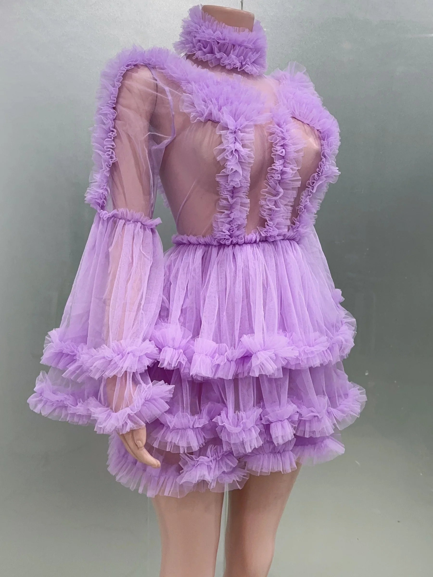 Purple Color Women Sexy  Puff Sleeve Mesh Ruffles Mini Dress Birthday Celebrate Party Girls' Photo Shoot Wear Vestido