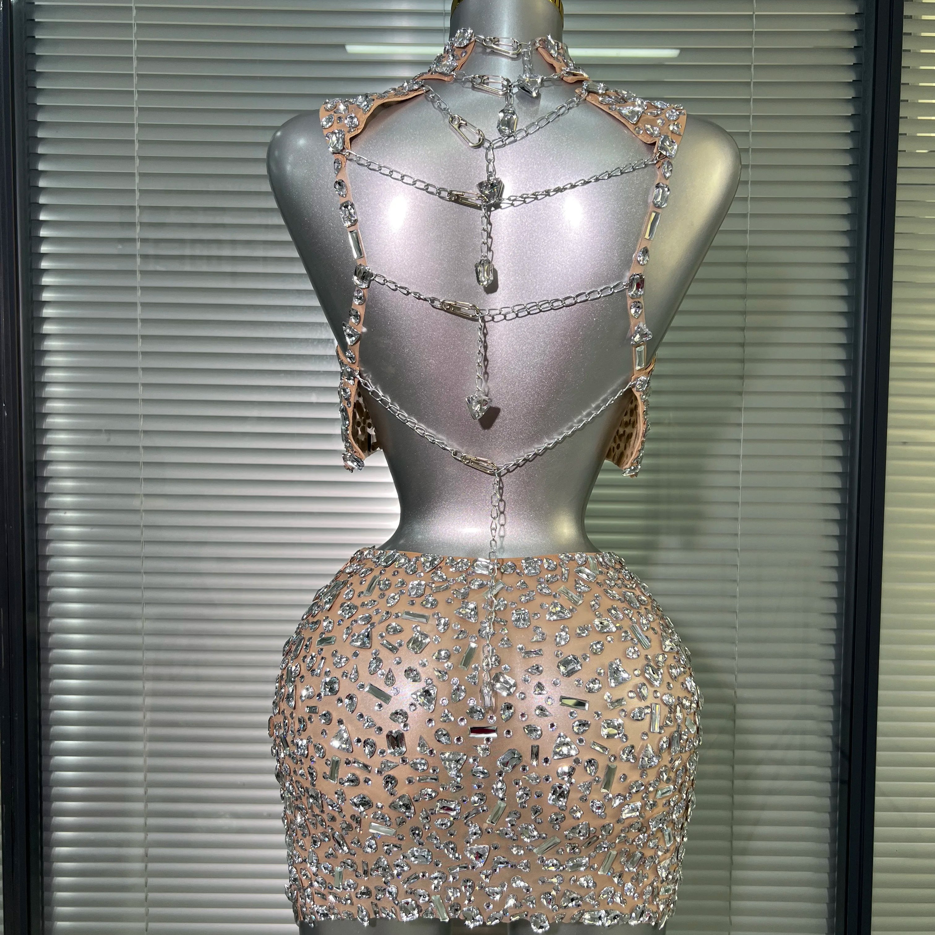Women Sexy Two Pieces Set Women Skin Crystal Diamond Night Club Skirt Suits Singer Dancer See Through Stage Performance Costume
