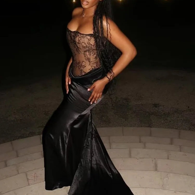 Black Color Women Sexy Lace Strapless Long Bandage Dress Celebrate Fashion Nightclub Party Birthday Outfit   Style