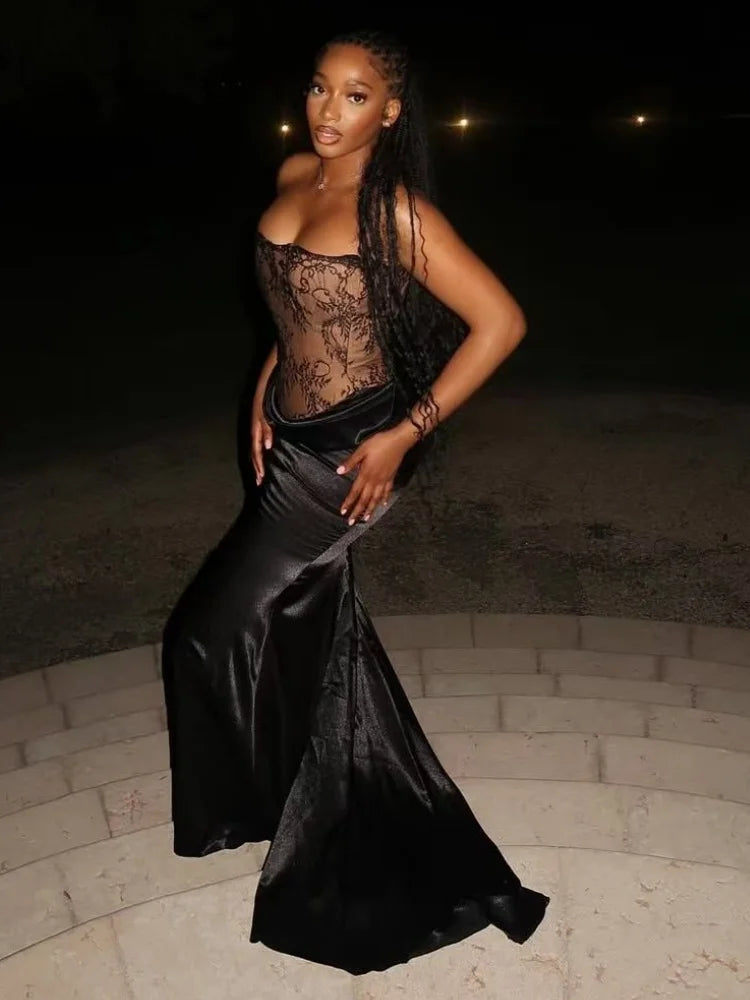 Black Color Women Sexy Lace Strapless Long Bandage Dress Celebrate Fashion Nightclub Party Birthday Outfit   Style