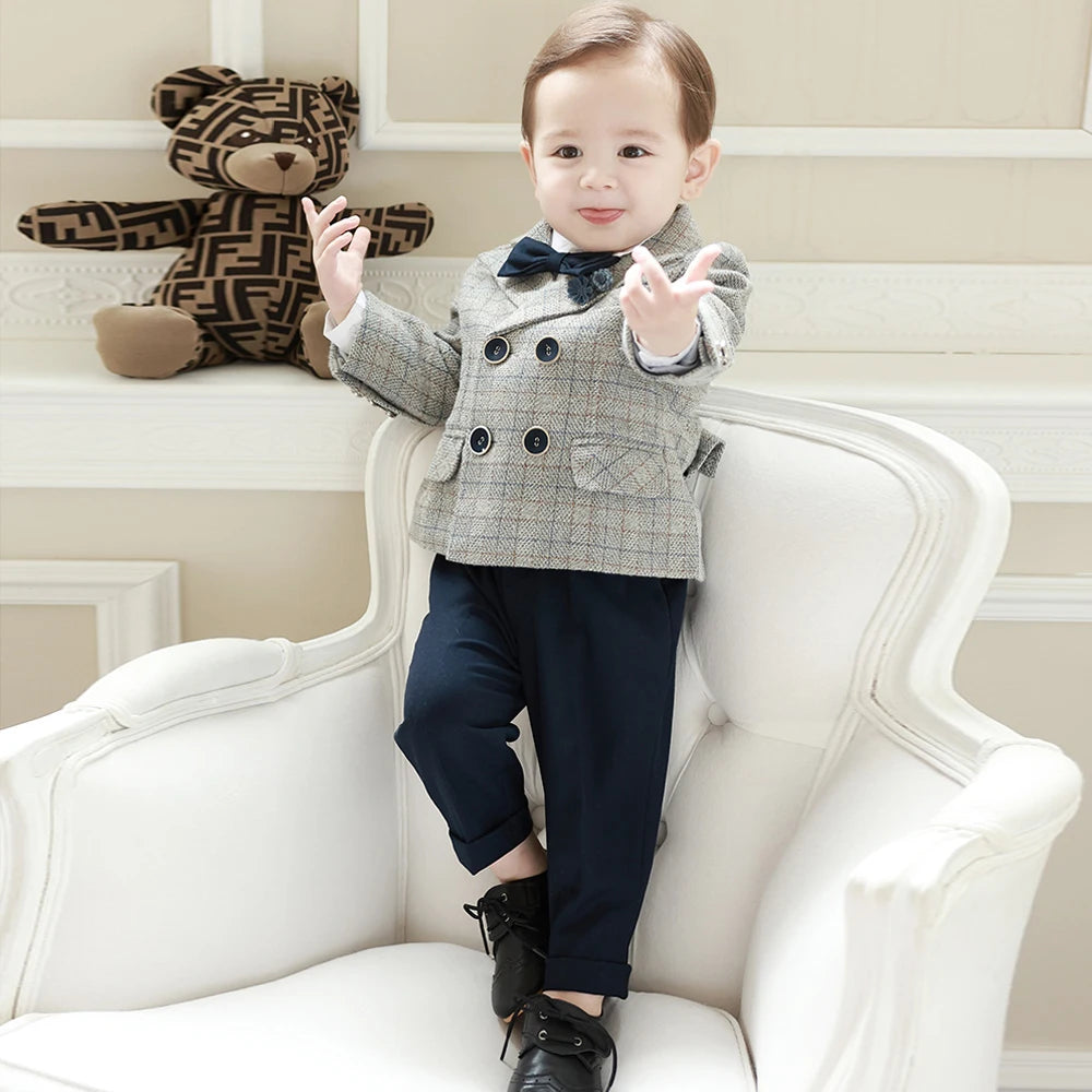 Pak voor kinderen bruiloft herfst en winterrooster jas zwarte broek beugel jongens blazer casual kleding baby 1-8 jaar outfit