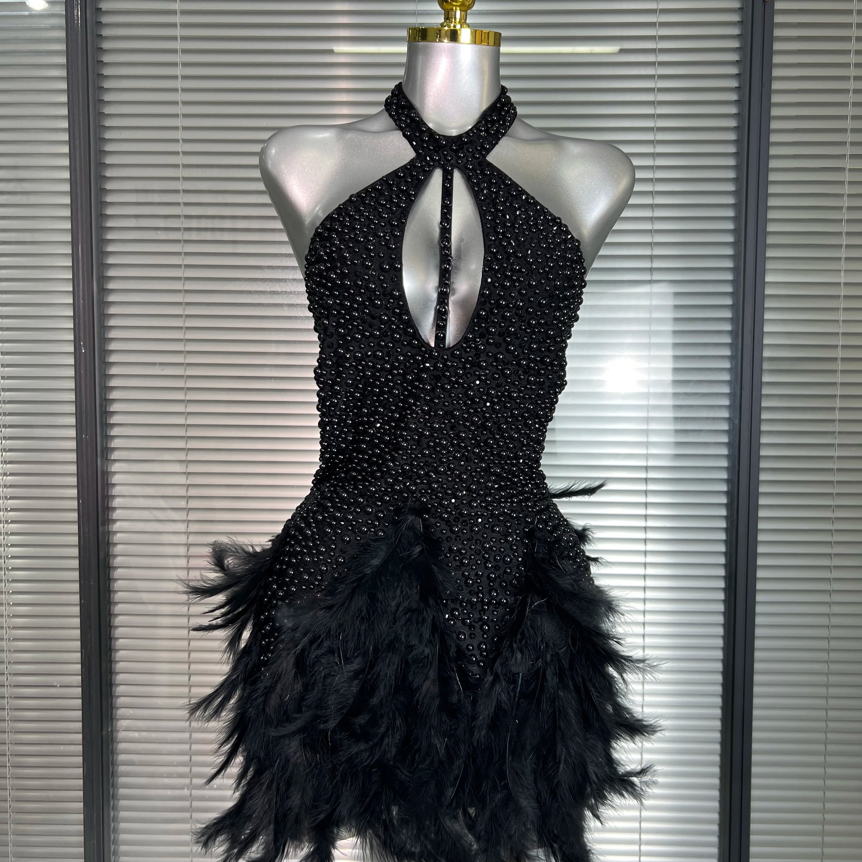 INS New Women Sexy Backless Feathers Performance Costume Stage Dancer Black Mini High Stretchy Night Club Party Dress