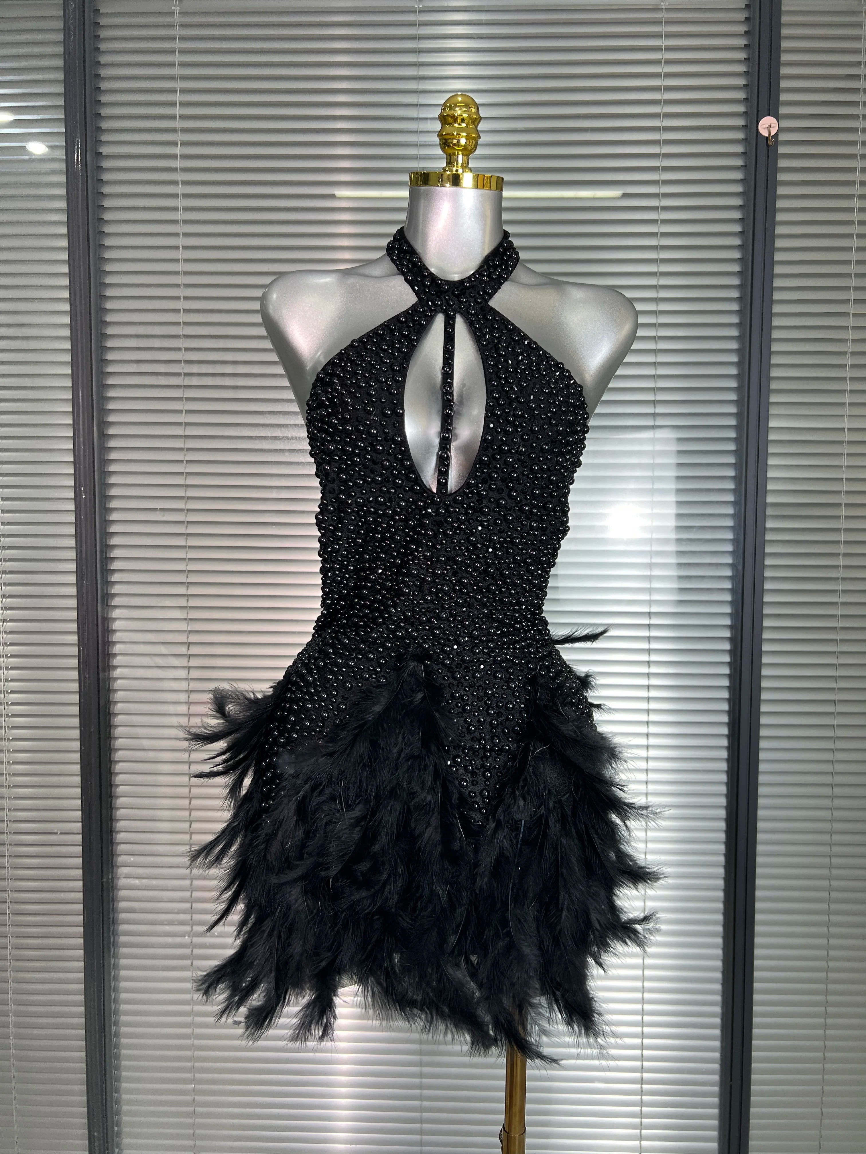 INS New Women Sexy Backless Feathers Performance Costume Stage Dancer Black Mini High Stretchy Night Club Party Dress