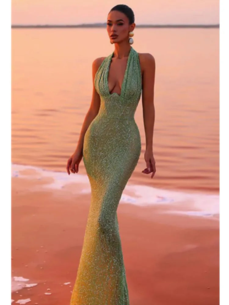 Women Celebrity Sexy Backless Halter Mesh Sequins Sparkly Maxi Long Gowns Dress 2024 Elegant Evening Party Club Dress Vestido