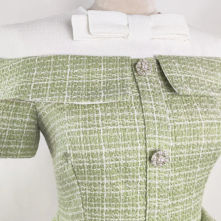 DEAT Women's Patchwork Tweed Dress Fashion Contrast Color Single Breasted High Waist Elegant Dresses Female New 13DB3854