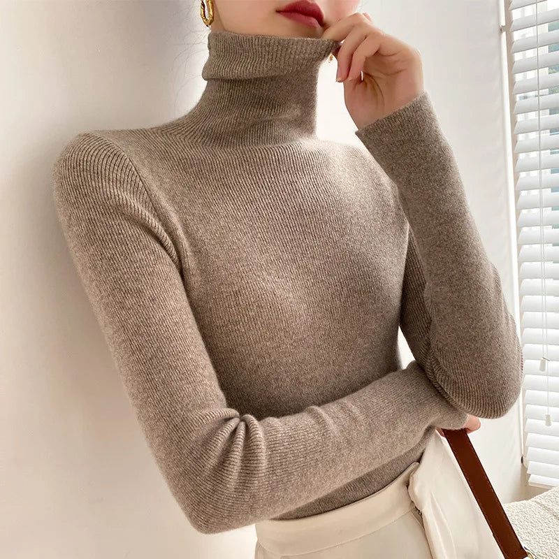Women Sweater Winter Cashmere Turtleneck Warm Knitwear Korean Casual Solid Bottoming Shirt Fashion Knit Pullovers Brown Sweater Khaki