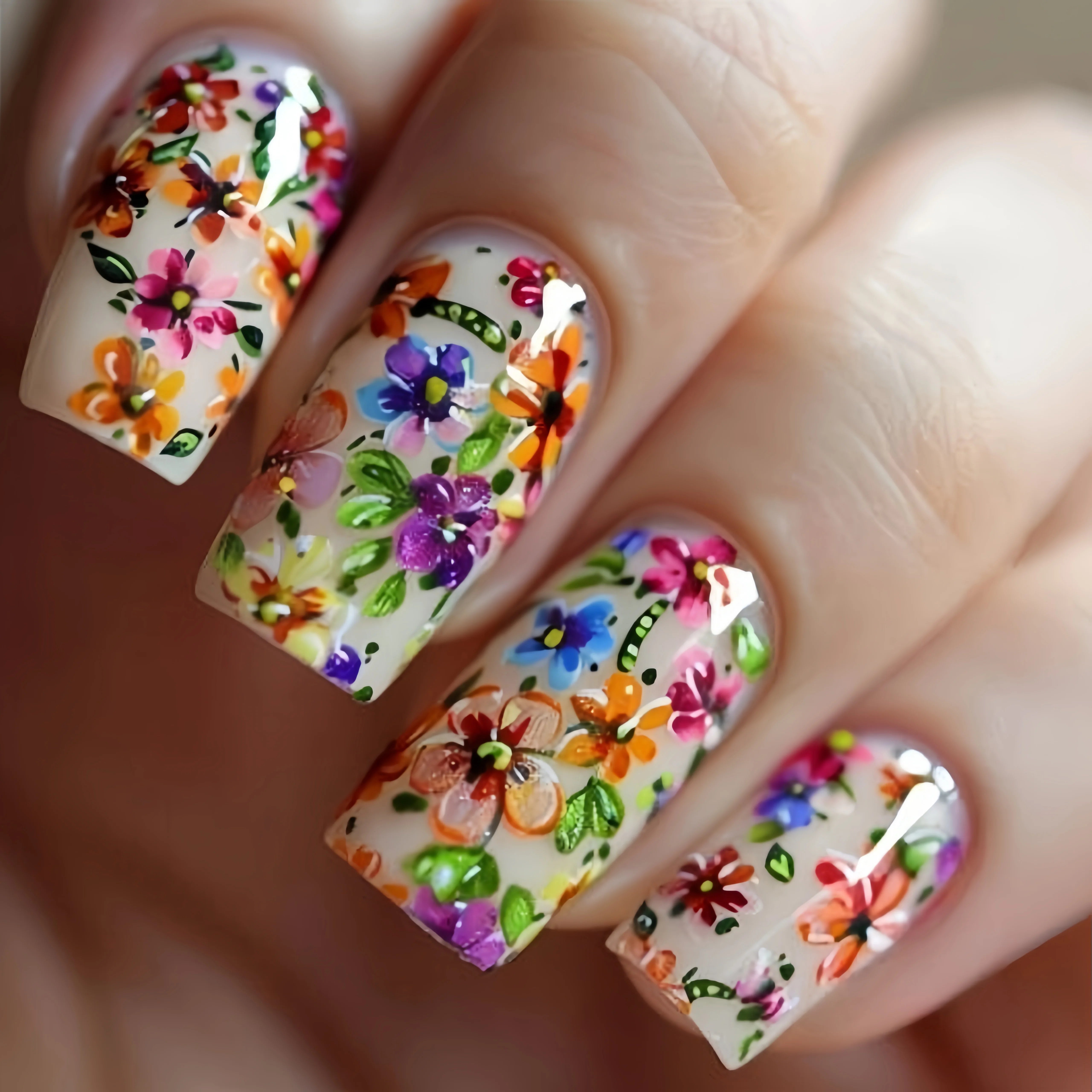 Medium and long square-shaped European manicure, fashionable manicure for New Year and spring and summer, purple gradient flower