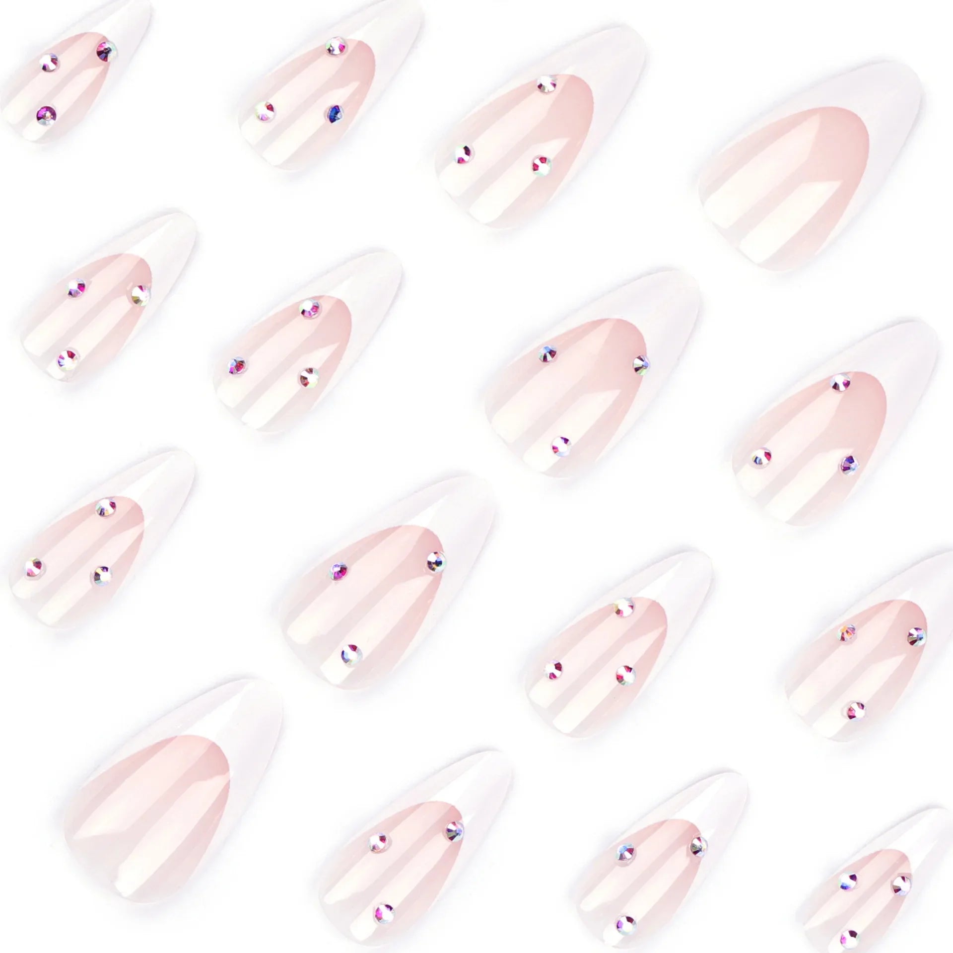 24pcs Simple French White Patchwork Fake Nails Sparkling Diamond Full Cover Almond Press on Nails Nail Tip