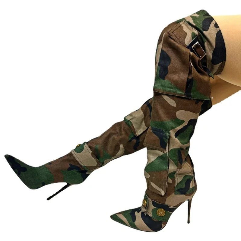 Bottes hautes en Denim Camouflage pour femmes, automne-hiver, bout pointu, talon haut, bouton à enfiler, chaussures Vintage à la mode, taille 43, 2023 