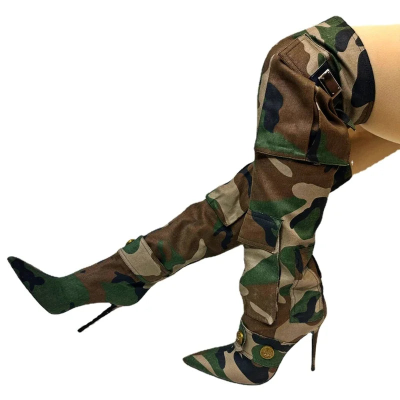 Women's Denim Camouflage Knee High Boots 2023 Autumn Winter Pointed Toe High Heel Slip on Button Vintage Fashion Shoes Size 43