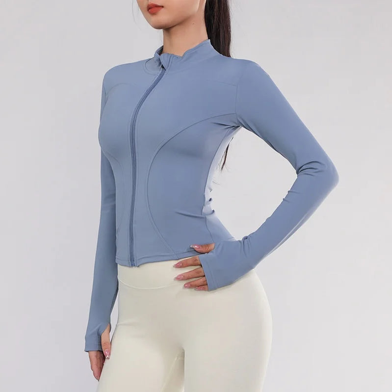 Women Gym Wear Solid Color Quick Drying Yoga Wear High Elasticity Fitness Jacket Ventilated Long Sports Shirt Women's Tracksuit blue gym jacket CHINA