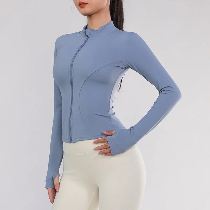 Women Gym Wear Solid Color Quick Drying Yoga Wear High Elasticity Fitness Jacket Ventilated Long Sports Shirt Women's Tracksuit blue gym jacket CHINA