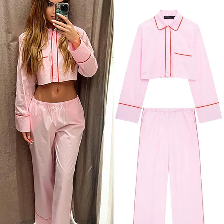 TRAFZA Woman New Fashion Suits Pink Turn-Down Collar Long Sleeves Single Breasted Short Shirts+Mid Waist Lace-Up Wide Leg Pants