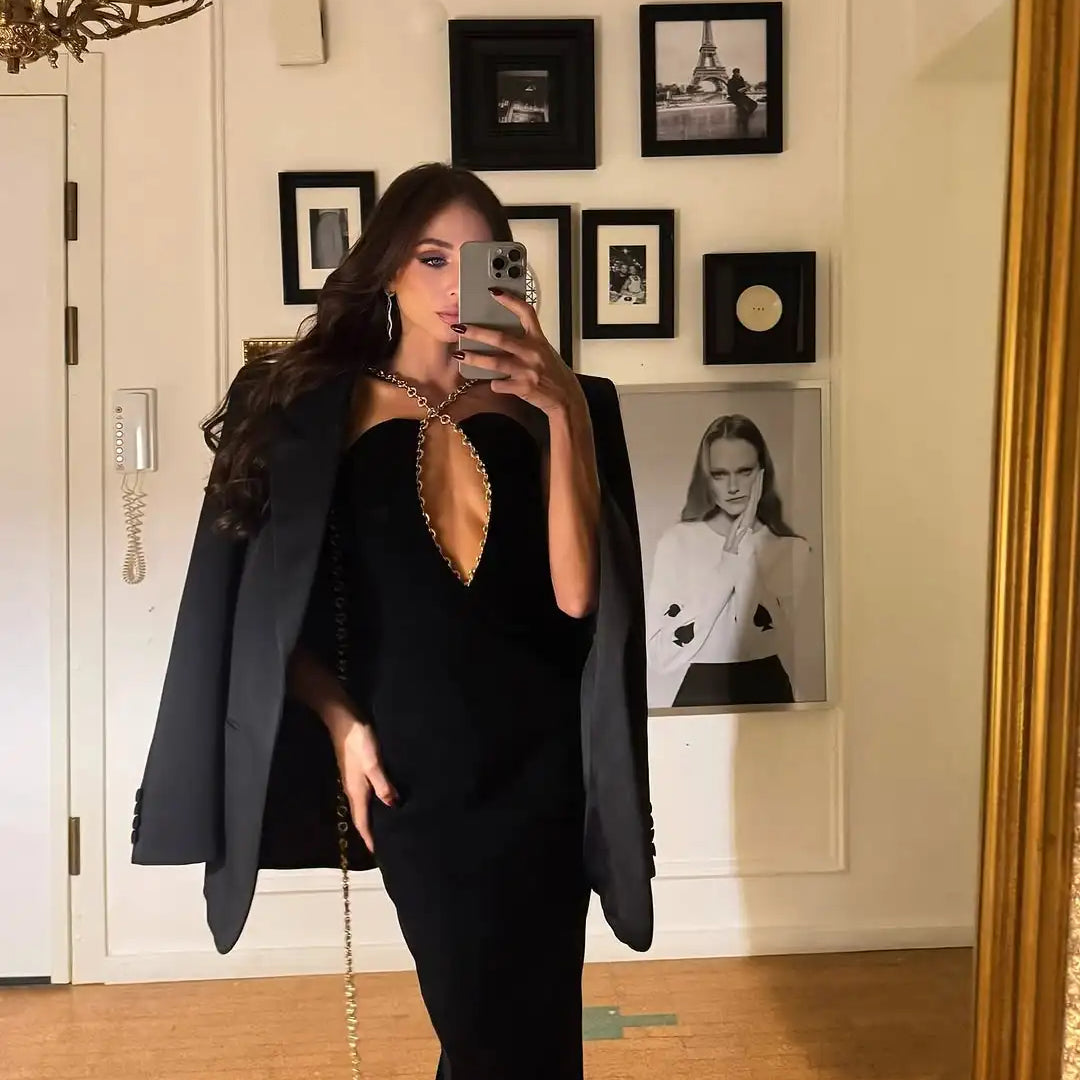 New Arrival Women Sexy Halter Golden Sequined Backless Bodycon Long Bandage Dress Gloves Celebrate Fashion Evening Party Outfit