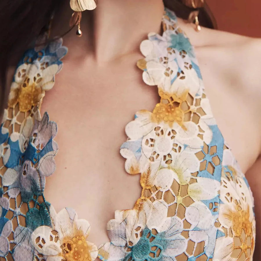 TWOTWINSTYLE Colorblock Hollow Out Spliced Printing Elegant Dresses for Women Halter Neck Sleeveless Split Dress Female Fashion