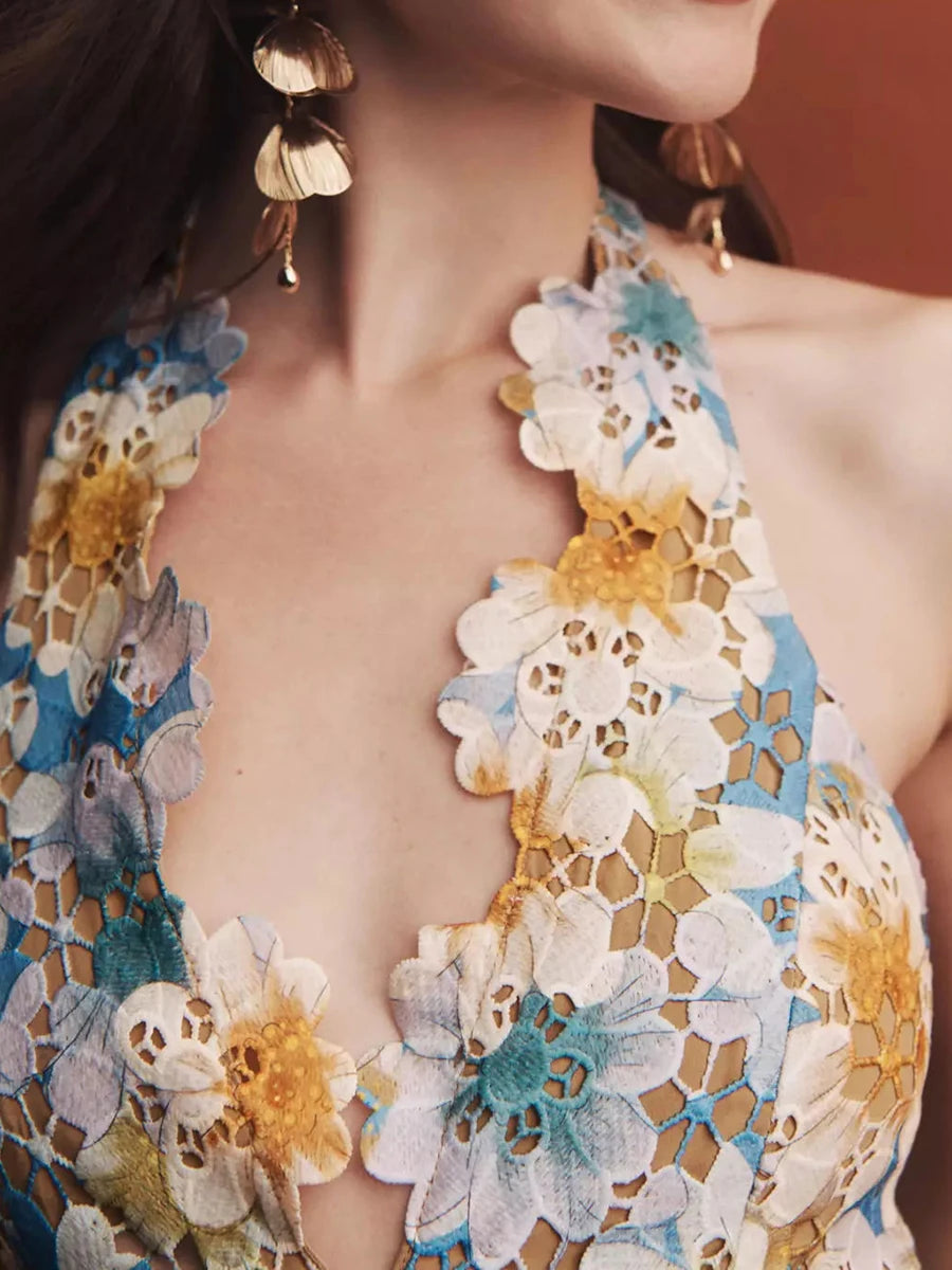 TWOTWINSTYLE Colorblock Hollow Out Spliced Printing Elegant Dresses for Women Halter Neck Sleeveless Split Dress Female Fashion