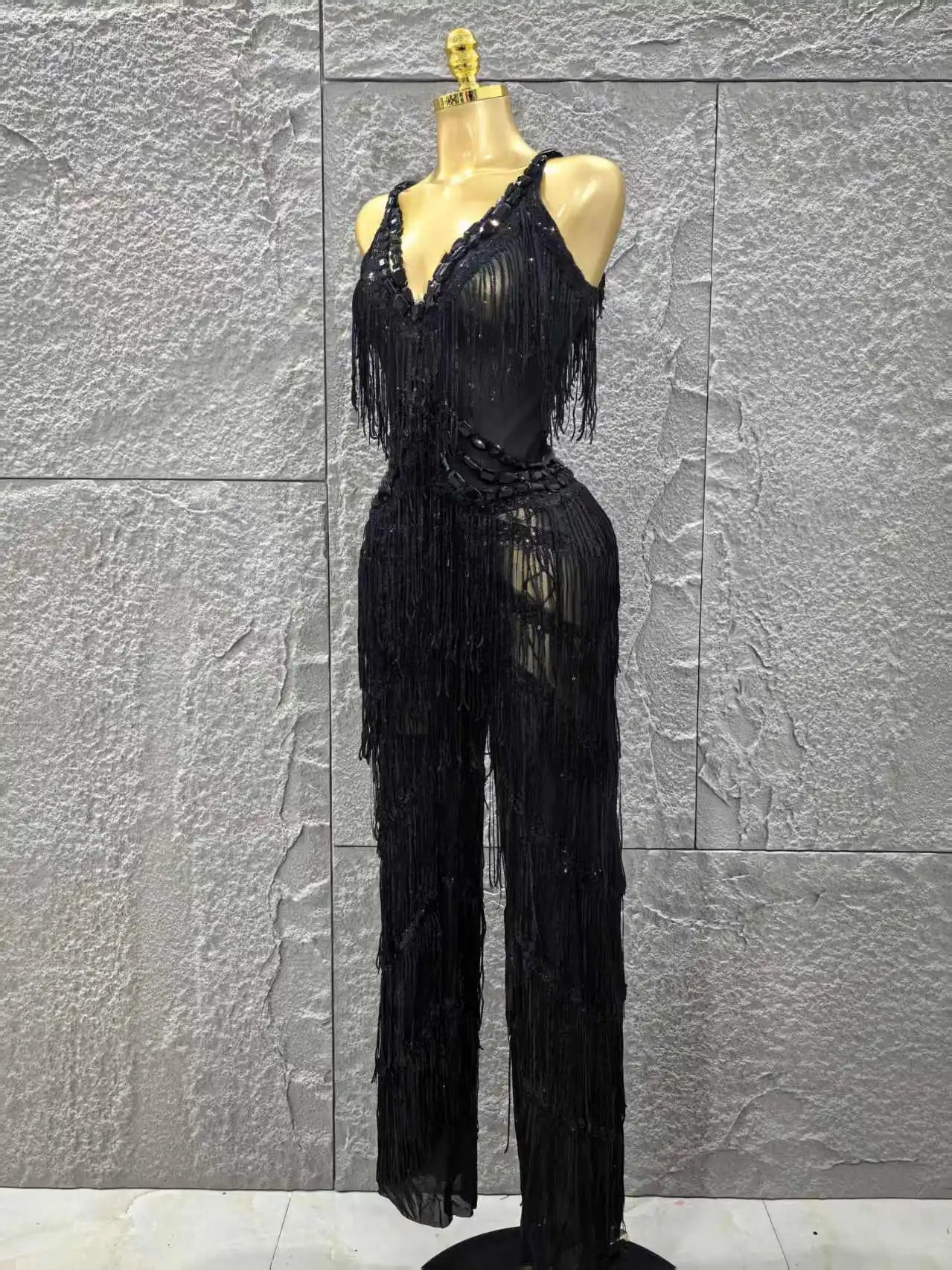 Black Color Women Sleeveless Sexy V-Neck Shinning Tassels Bodycon Jumpsuit Celebrate Birthday Party Peformance Stage Wear